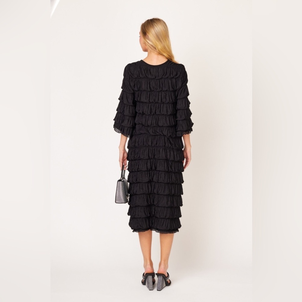 Boutique Dressy Modest Classy Cascade Ruffle Midi Dress Black - Picture 3 of 10